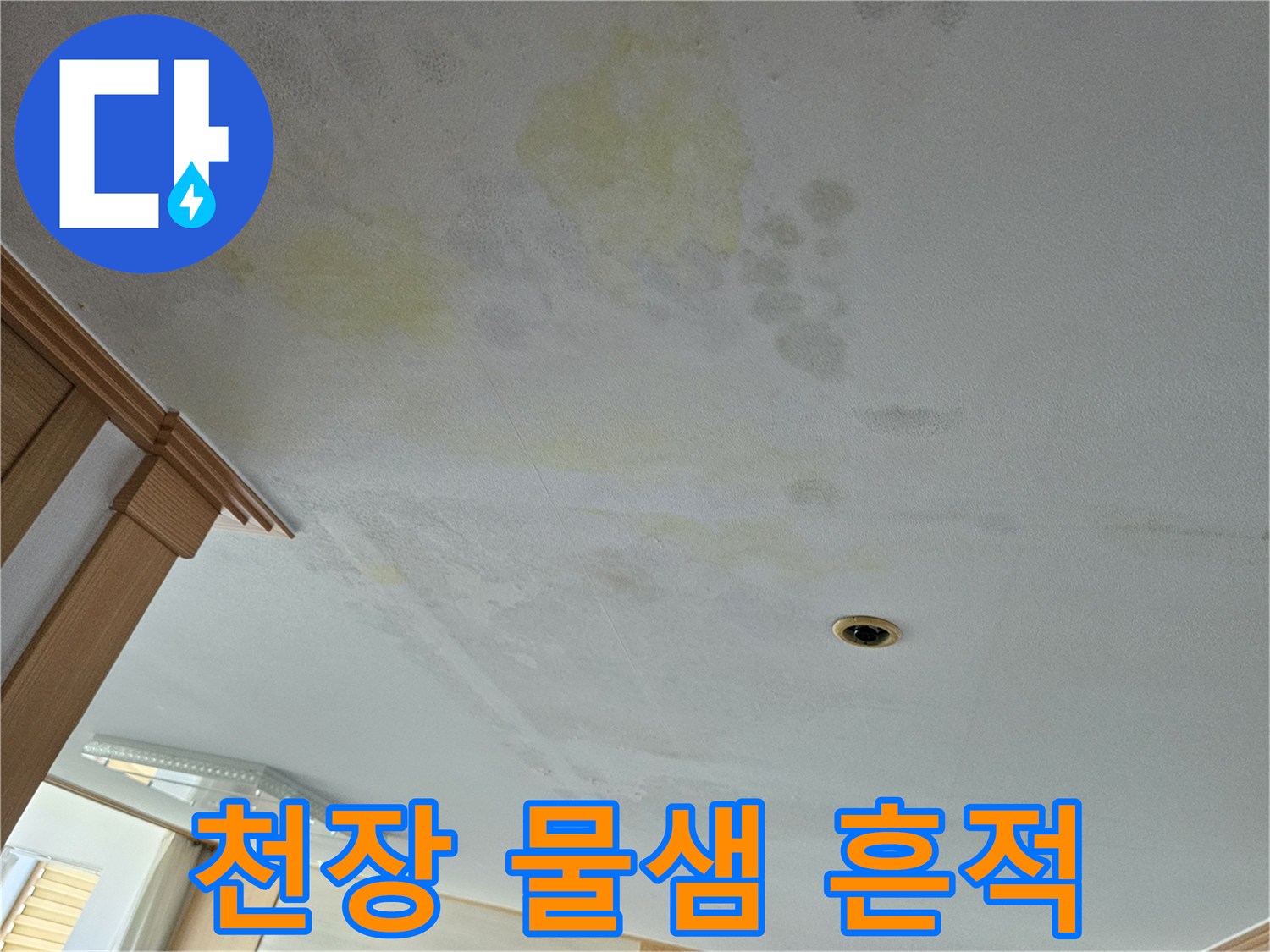 아랫집 거실 천장에 발생한 누수와 변색된 벽지 상태