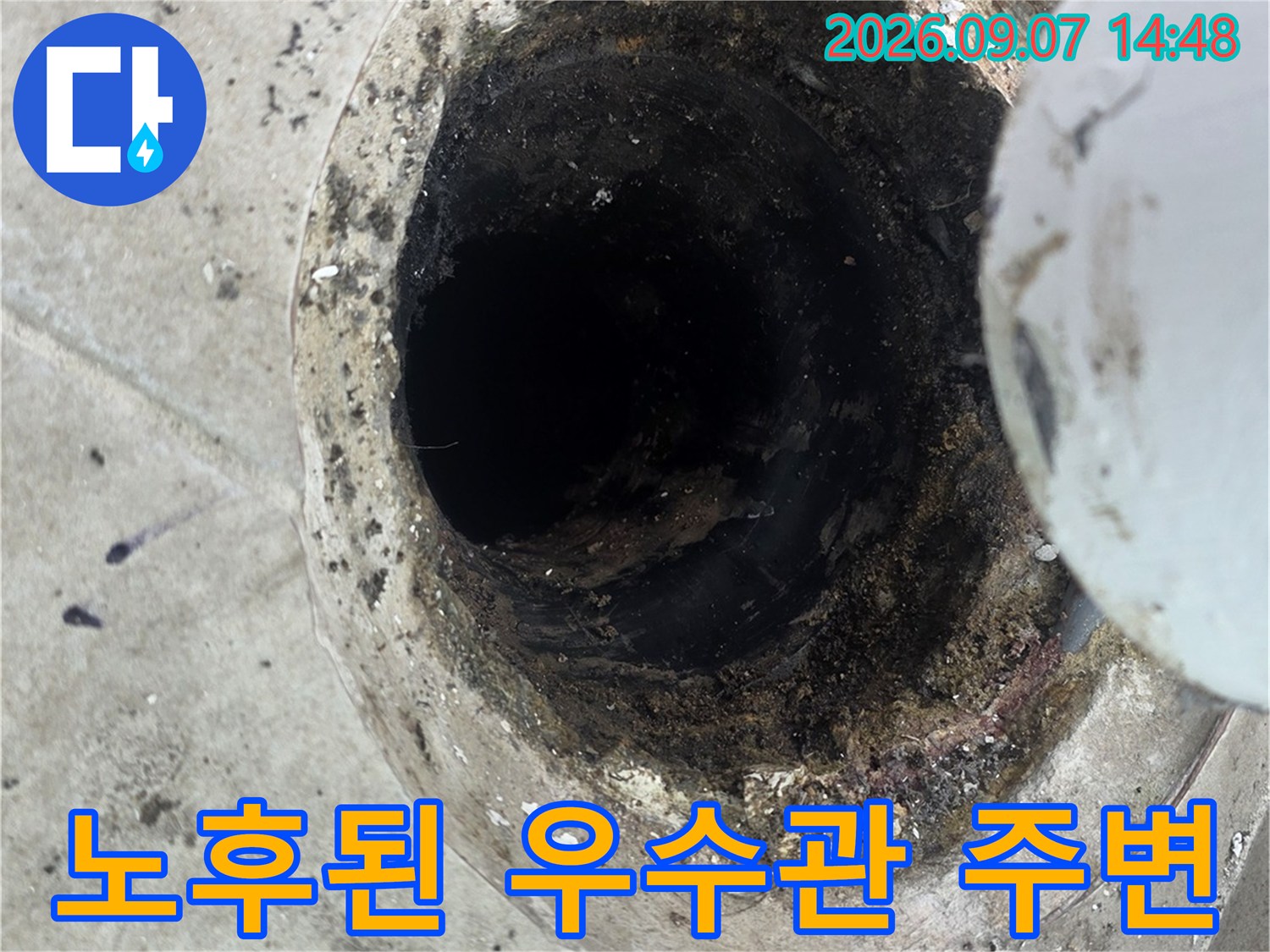 분당 수내동-우수관 배관 틈새에 쌓인 오염물과 파손된 방수층입니다.