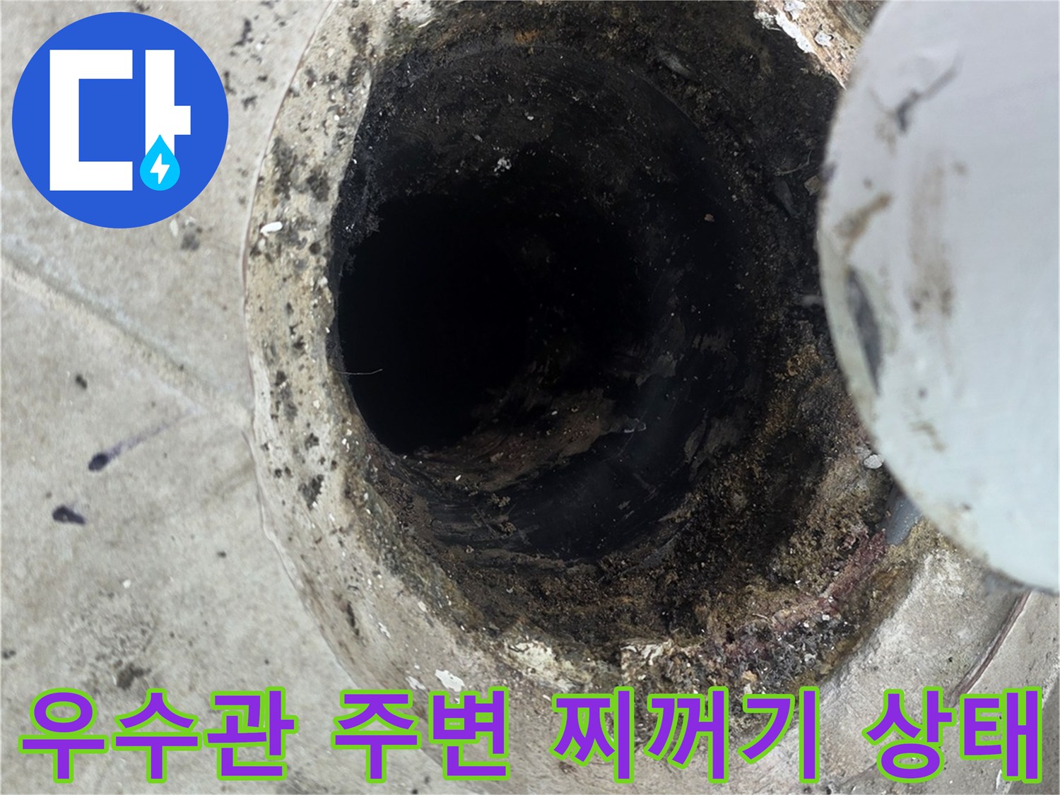 오염된 우수관 하단부와 배수구 주변 바닥면