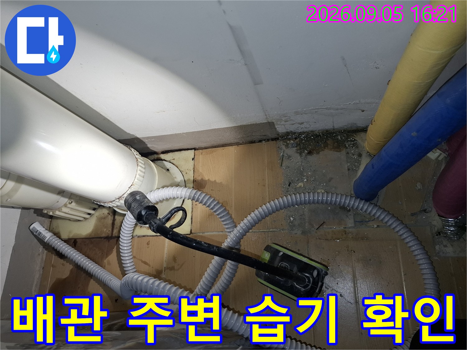 노란색과 파란색 배관 사이 타일 틈새에 발생한 습기와 흔적을 촬영했습니다.