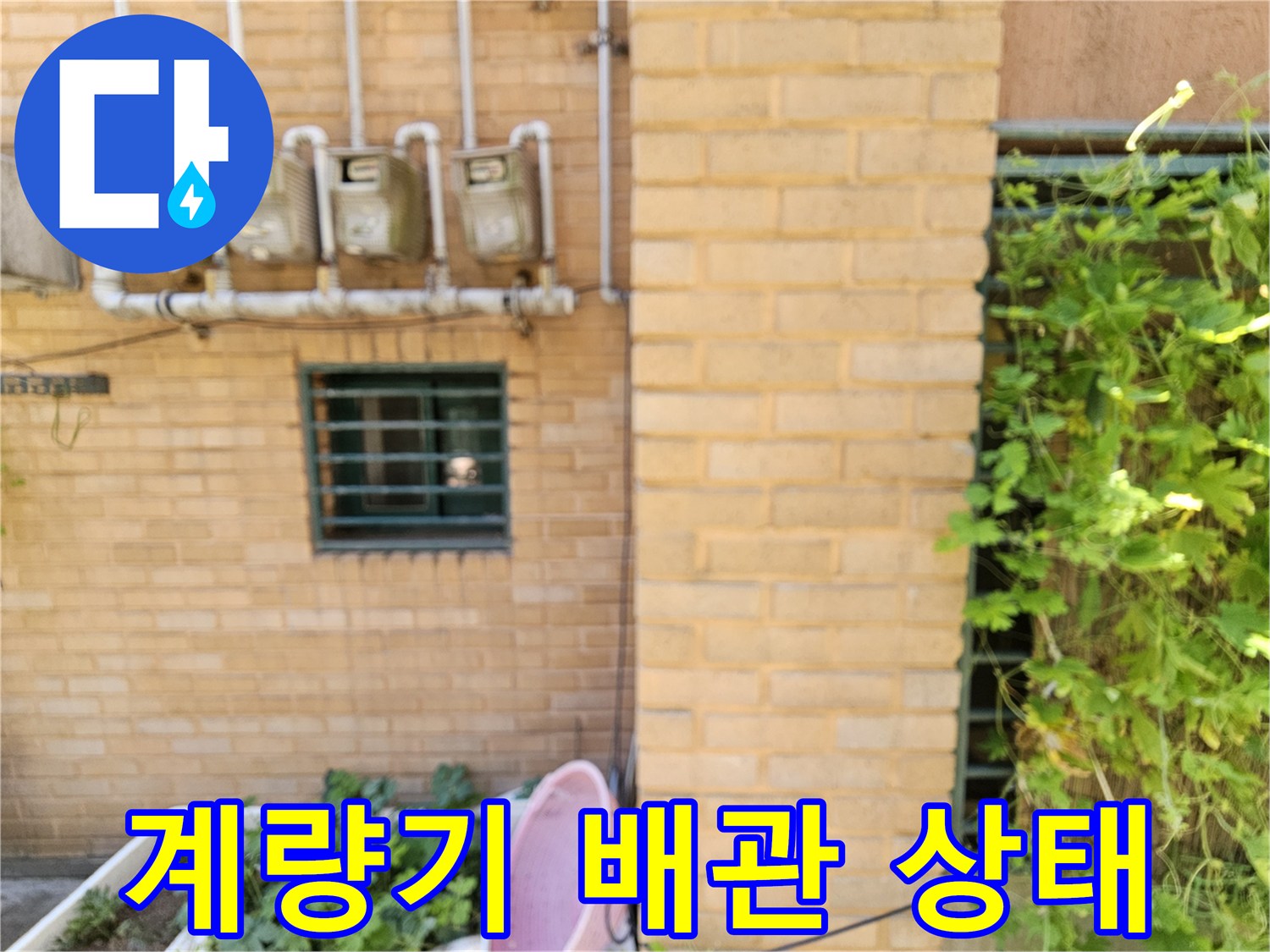 건물 외벽에 설치된 수도 계량기와 상단으로 연결된 흰색 배관 - 누수 진단 중