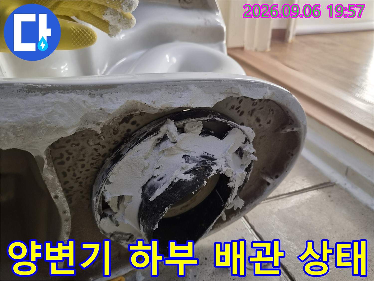 양변기를 들어낸 자리의 배수 부속과 젖어있는 타일 면적 확인