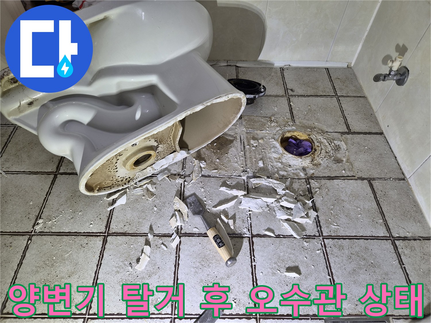양변기를 탈거하여 드러난 오수관 주변의 오염된 상태