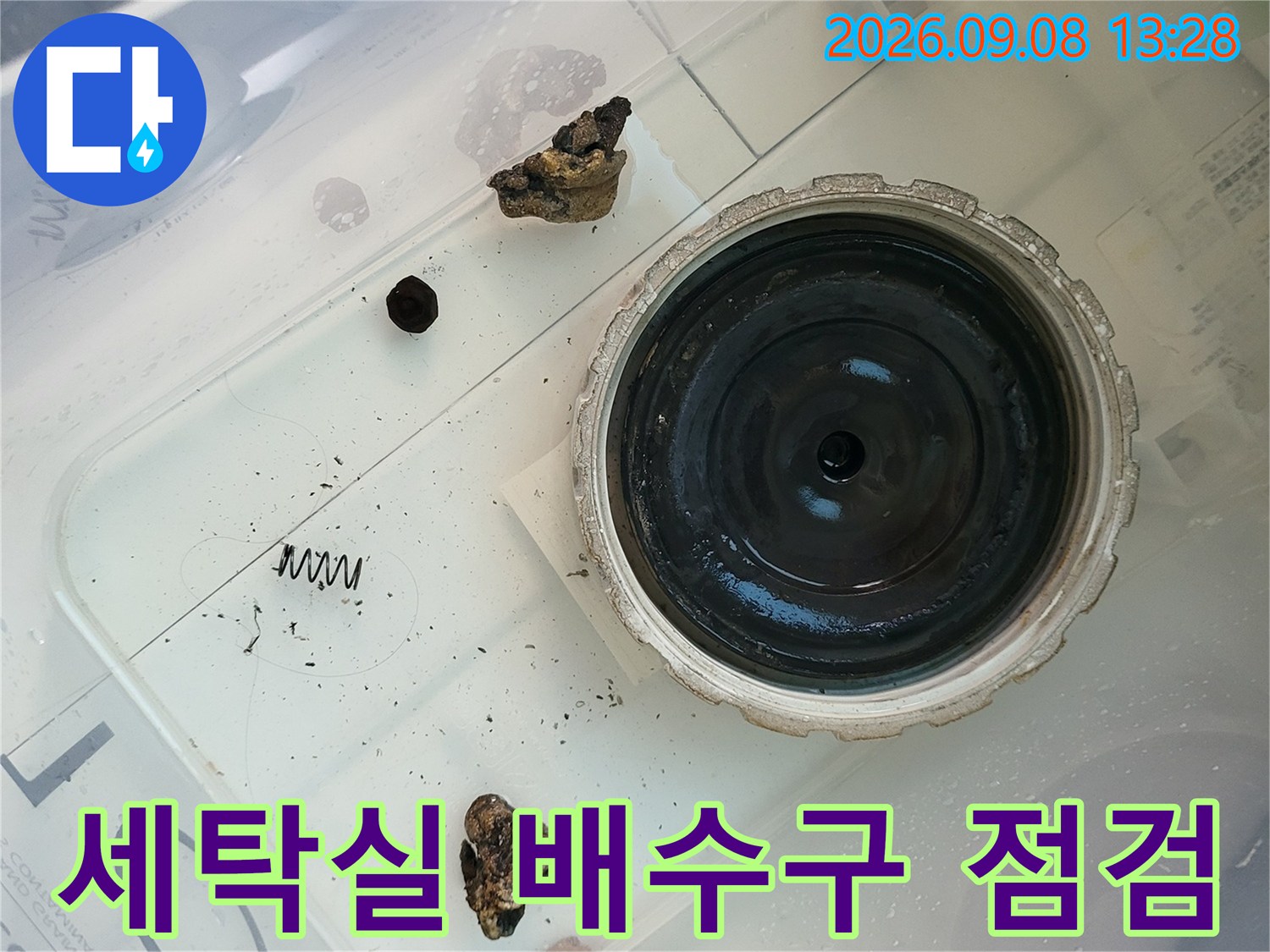 화성시 향남읍 세탁실 배수구 주변의 누수 상태를 확인하는 장면