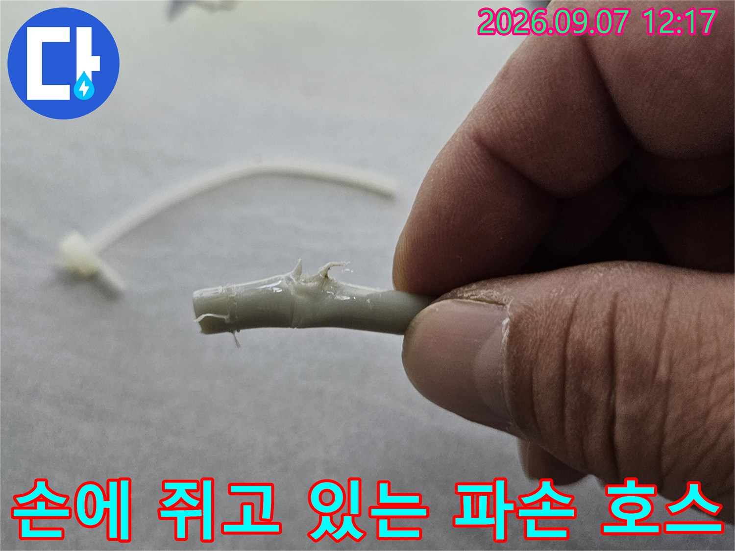 파손된-정수기-연결-호스를-직접-확인하는-모습입니다