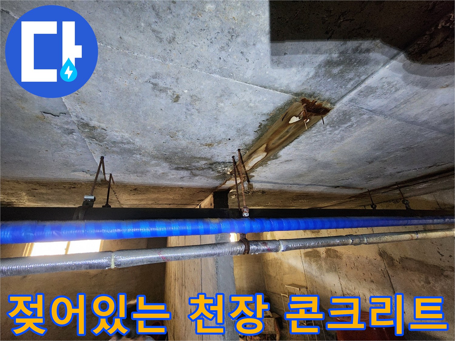 전곡 현장 지하층-배관 주변의 젖은 천장 표면