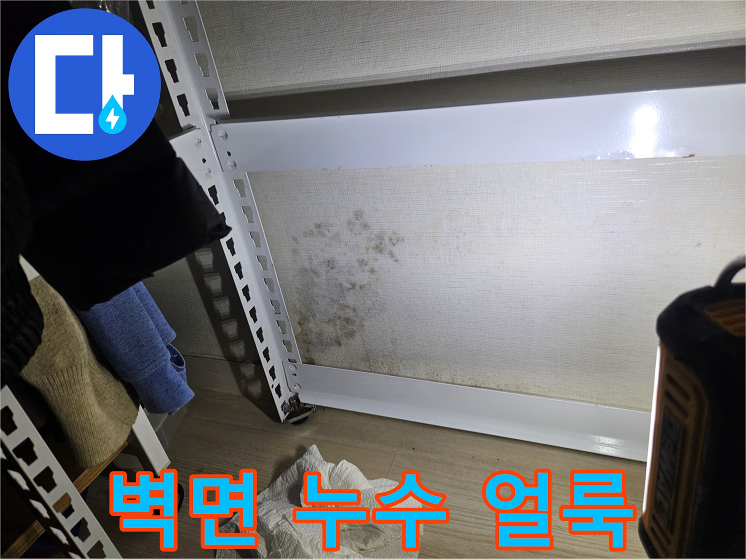 벽지 표면에 나타난 습기로 인한 변색 및 곰팡이 발생 상태