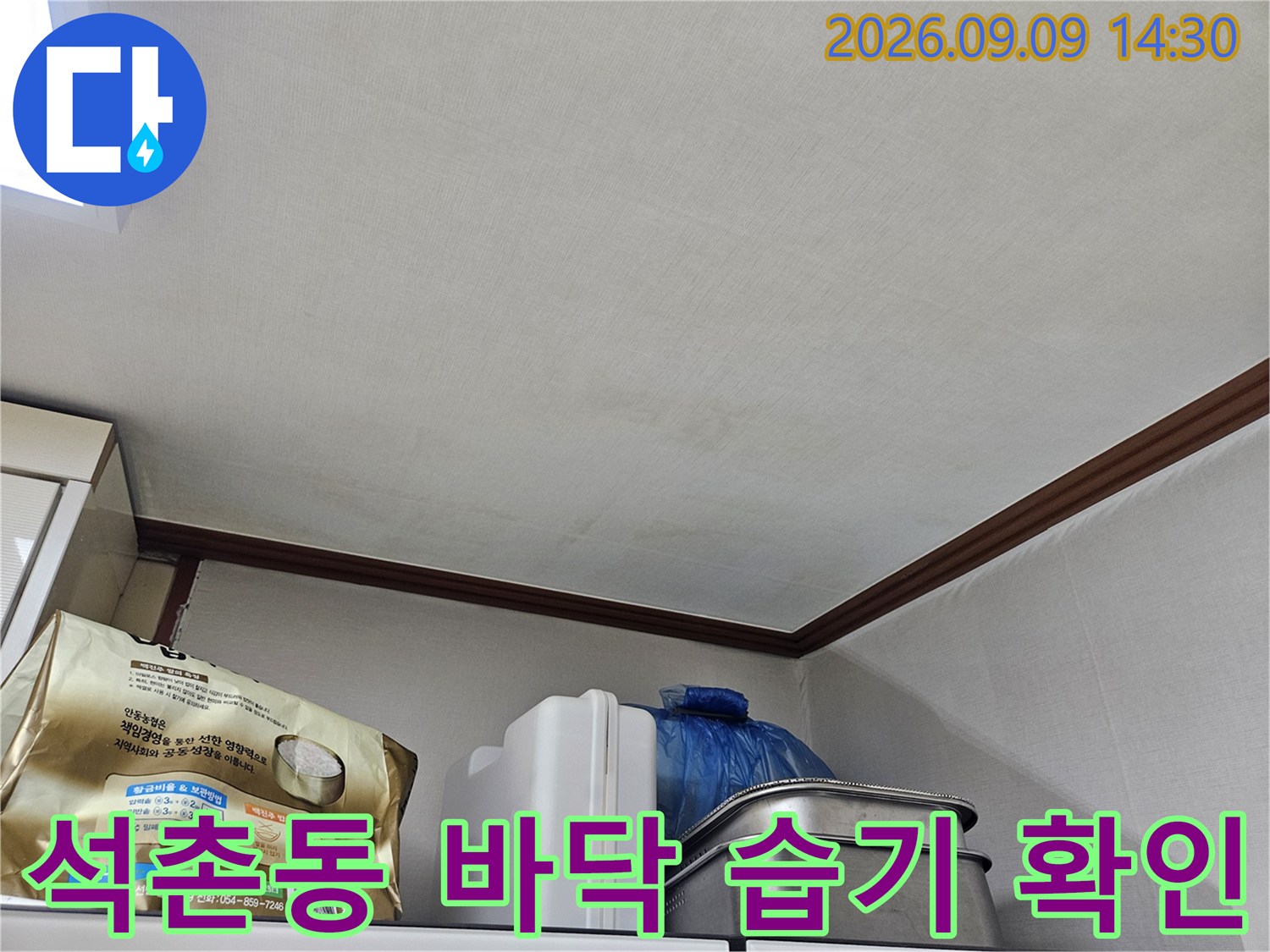 송파구 석촌동 주거 공간의 누수로 인한 바닥 및 벽면 습기 상태를 촬영한 사진입니다.