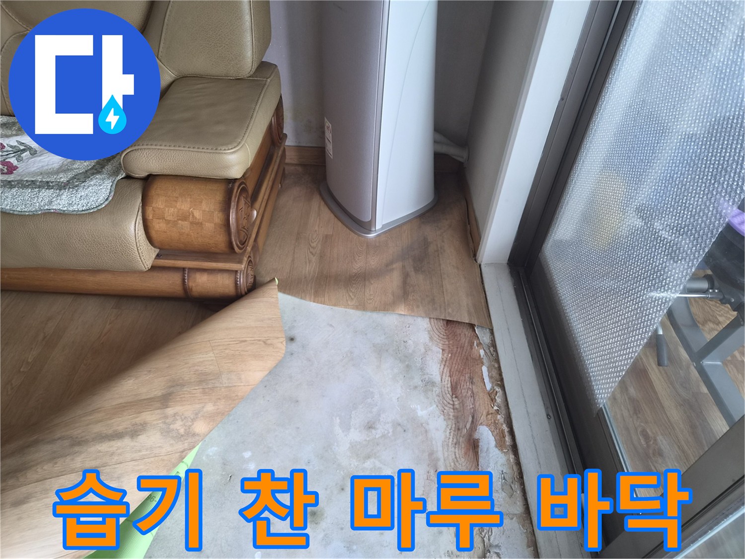 물기가 스며들어 변색된 거실 마루 경계 부분