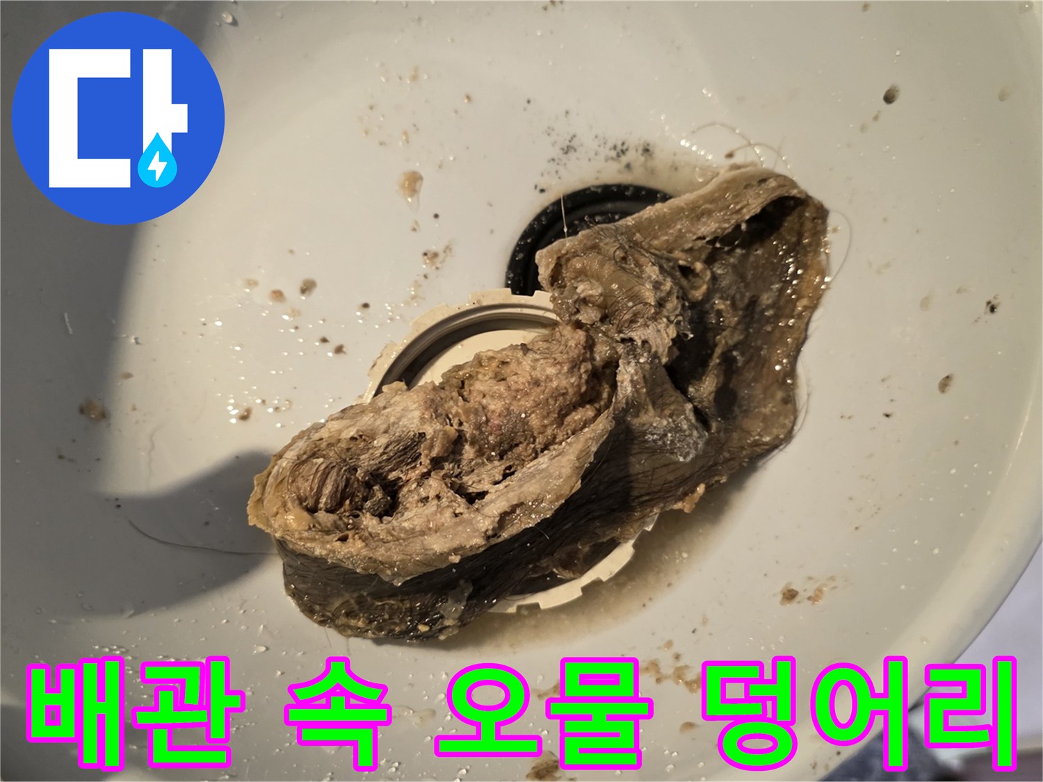 하수구 막힘을 유발하는-머리카락 뭉치와 퇴적된 이물질