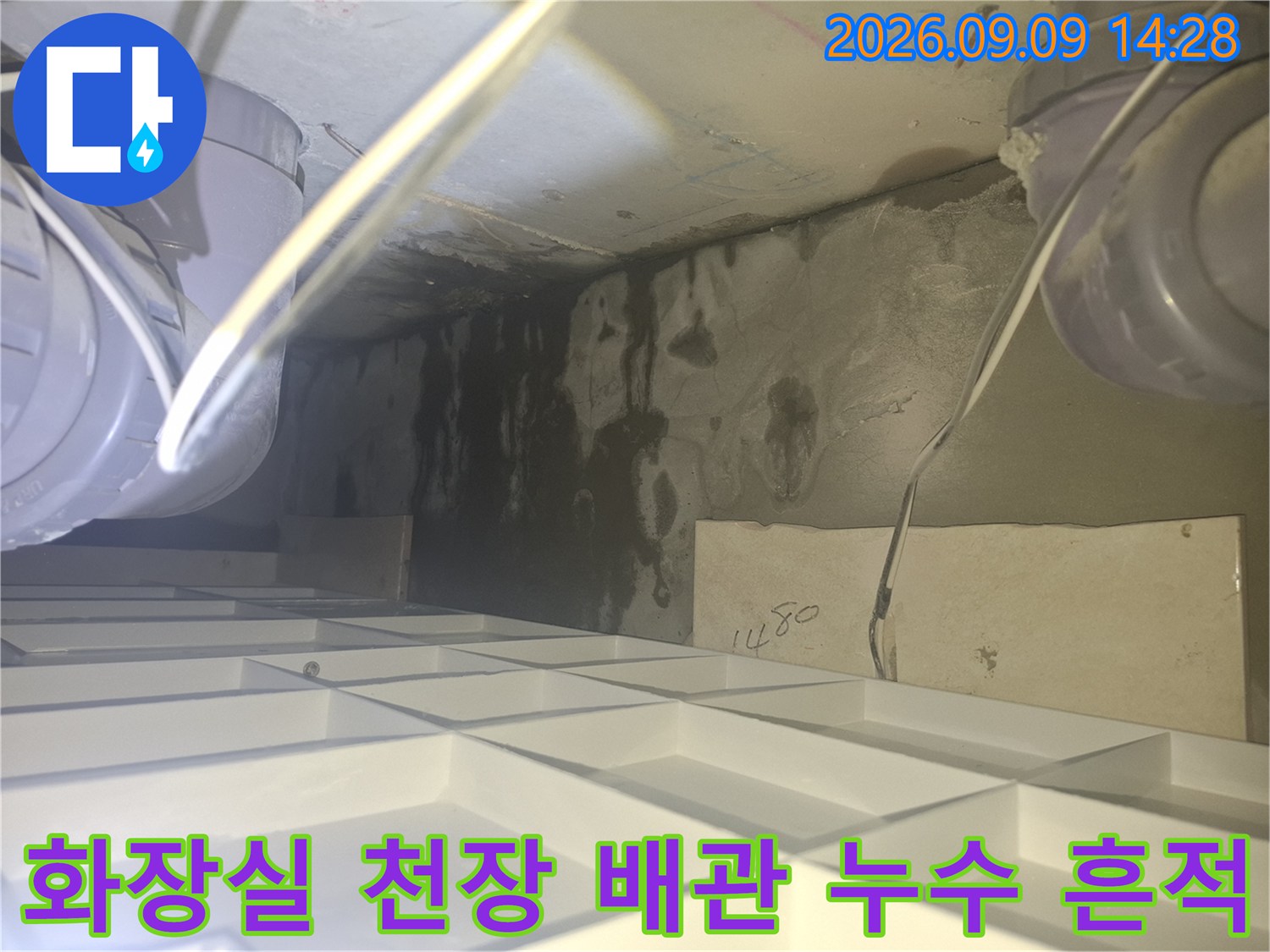 양주 삼숭동 아파트 화장실 내부-천장 배관 주변의 심한 물 얼룩과 오염 상태를 보여주는 사진입니다.