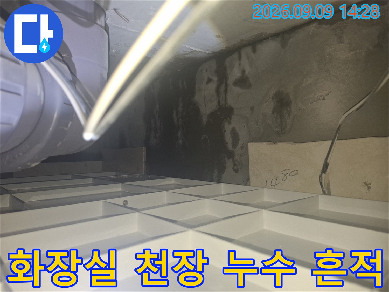 양주 삼숭동 화장실 천장 내부의 배관 주변 얼룩 및 습기 상태