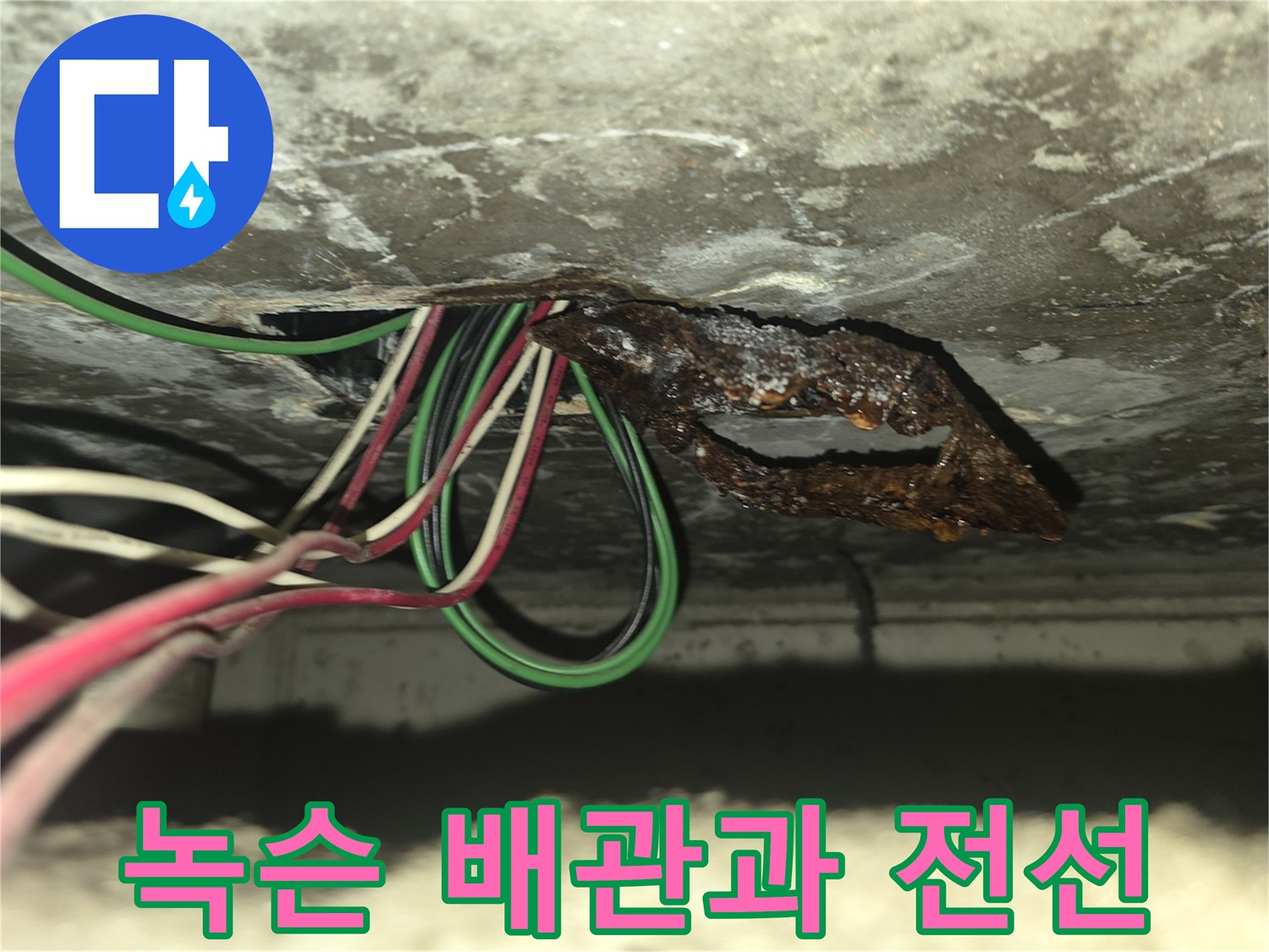 천장 내부 배관-부식된 금속 부위와 젖은 전선 피복
