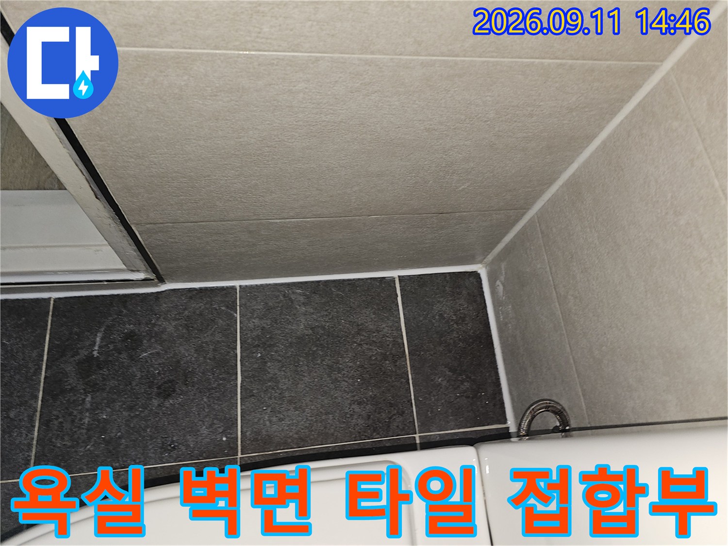 어두운 색상의 욕실 바닥 타일과 밝은 벽면 타일의 경계선