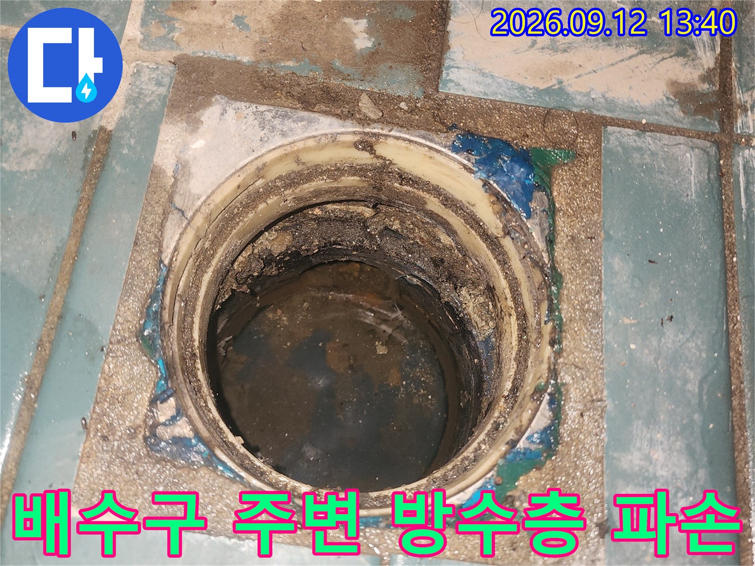 성동구 성수동-물기가 고여 있는 세탁실 배수구 유가 근접 사진