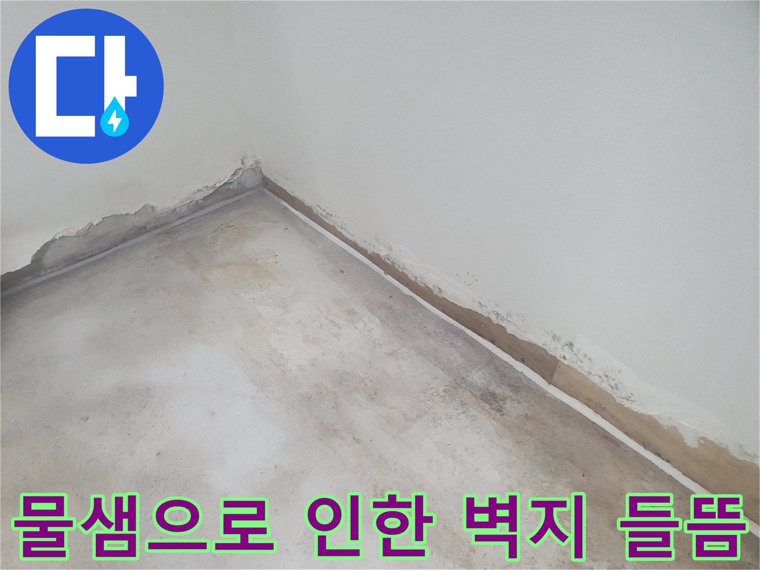 젖은 상태의 벽면 하단부-바닥 모서리를 따라 습기가 번져 있는 모습입니다.