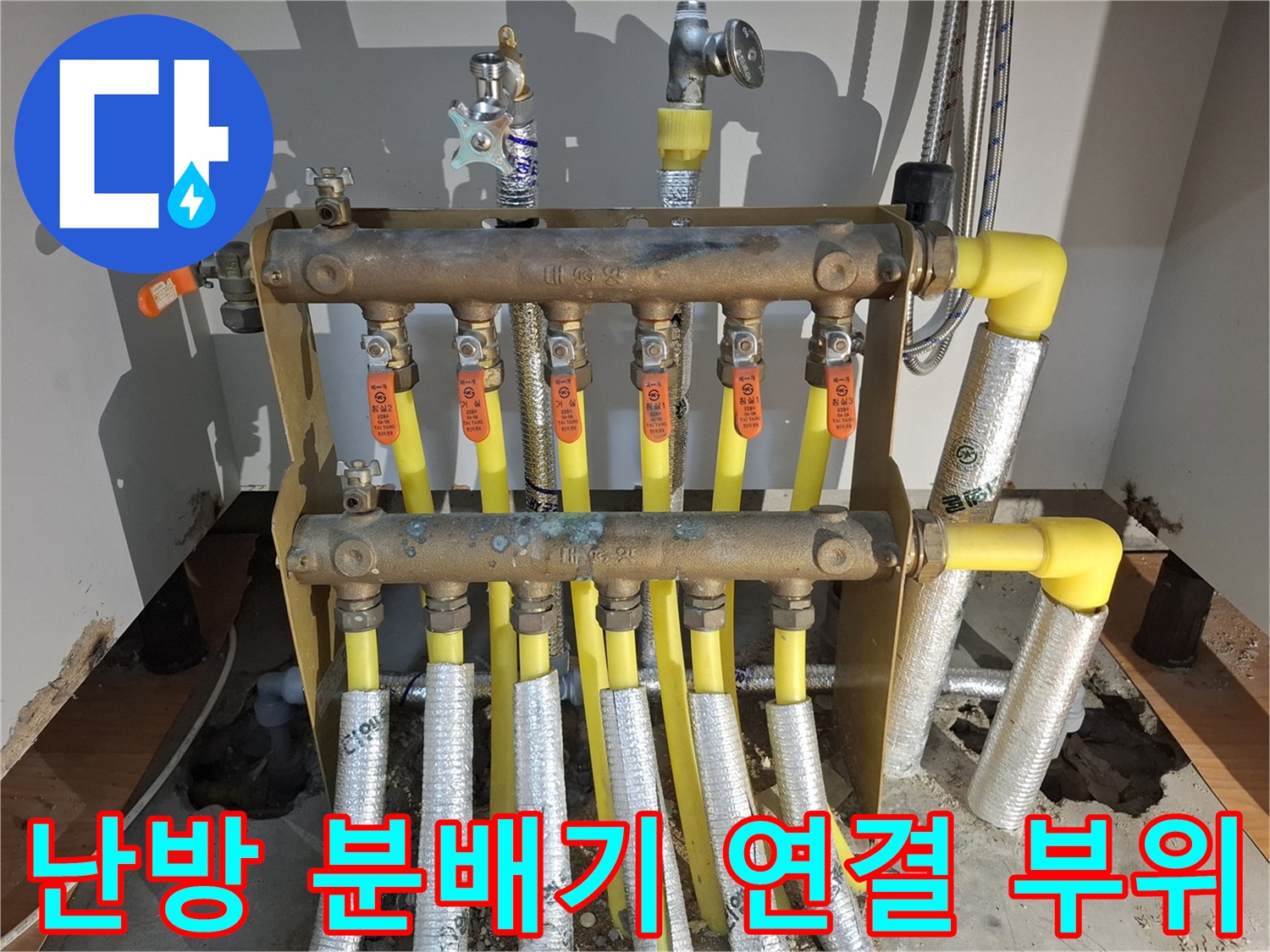 분배기에 연결되어 있는 노란색 엑연 배관과 금속 분배기 본체 이미지