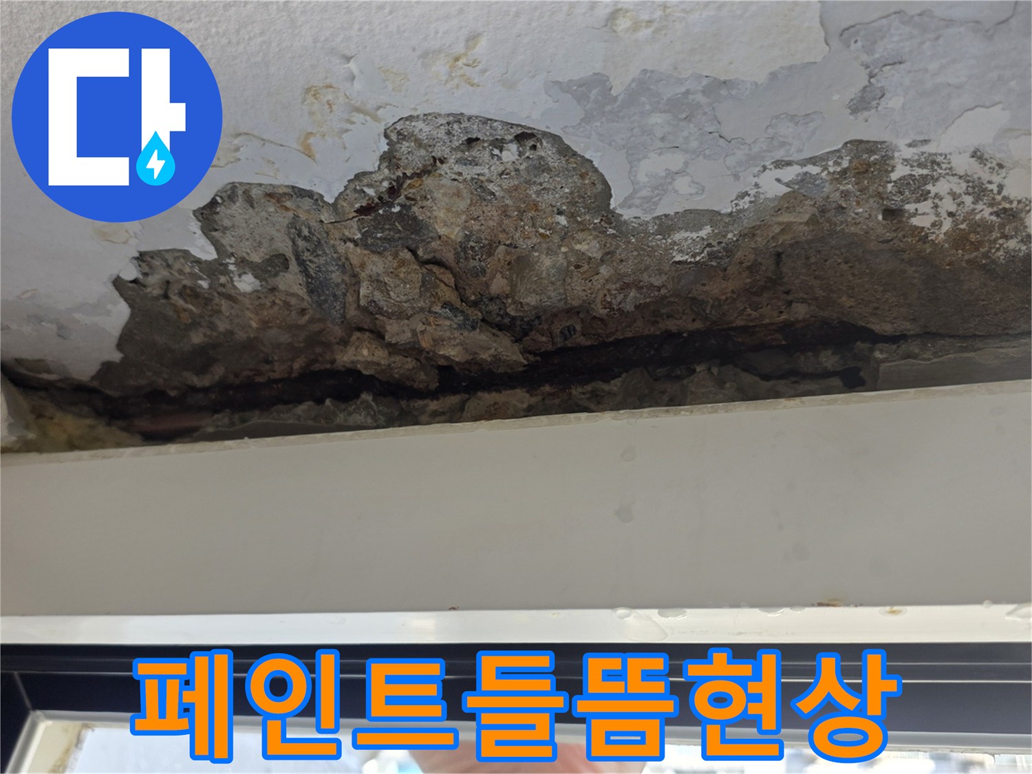 부풀어 오른 페인트와 노출된 콘크리트 벽면