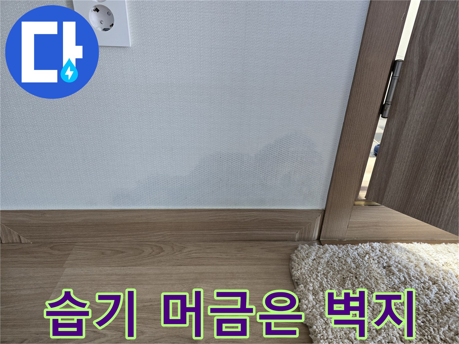 거실 벽 하단부에 발생한 어두운 색의 습기 얼룩