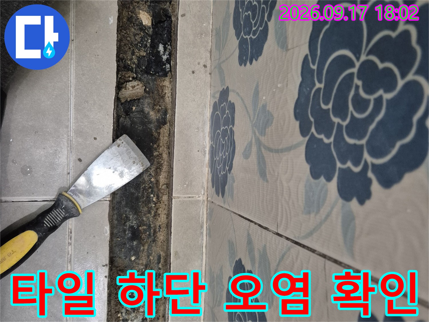 반송동 현장-타일 아래 배수구 주변의 젖은 자재 모습