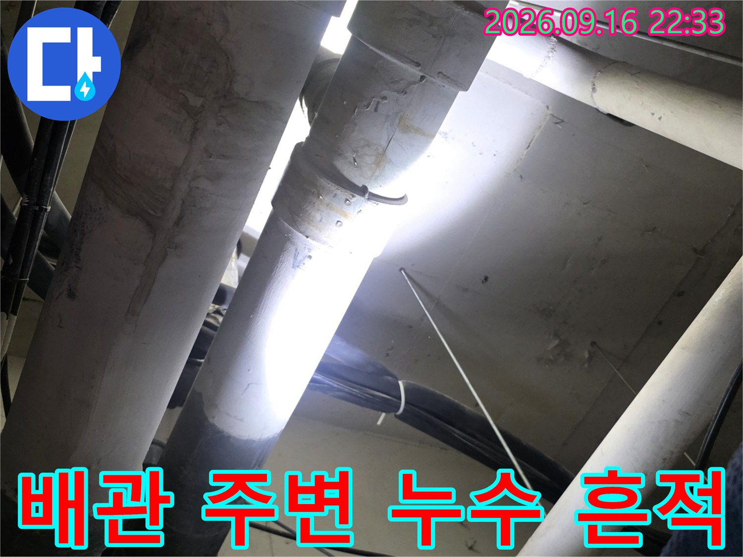 천장 배관과 전선 사이의 습한 상태 확인